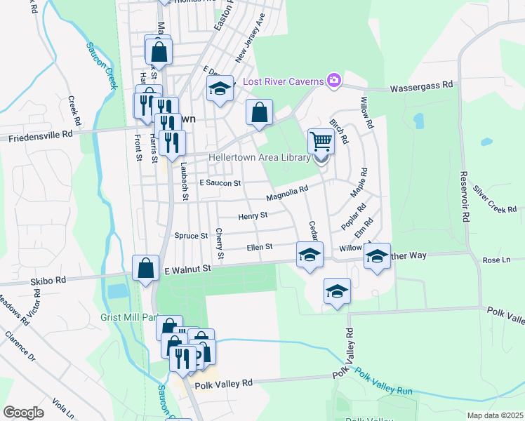 map of restaurants, bars, coffee shops, grocery stores, and more near 517 Henry Street in Hellertown