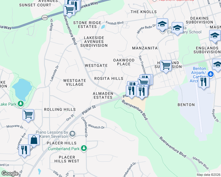 map of restaurants, bars, coffee shops, grocery stores, and more near 1494 Lear Way in Redding