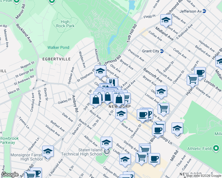 map of restaurants, bars, coffee shops, grocery stores, and more near 83 Cloister Place in Staten Island