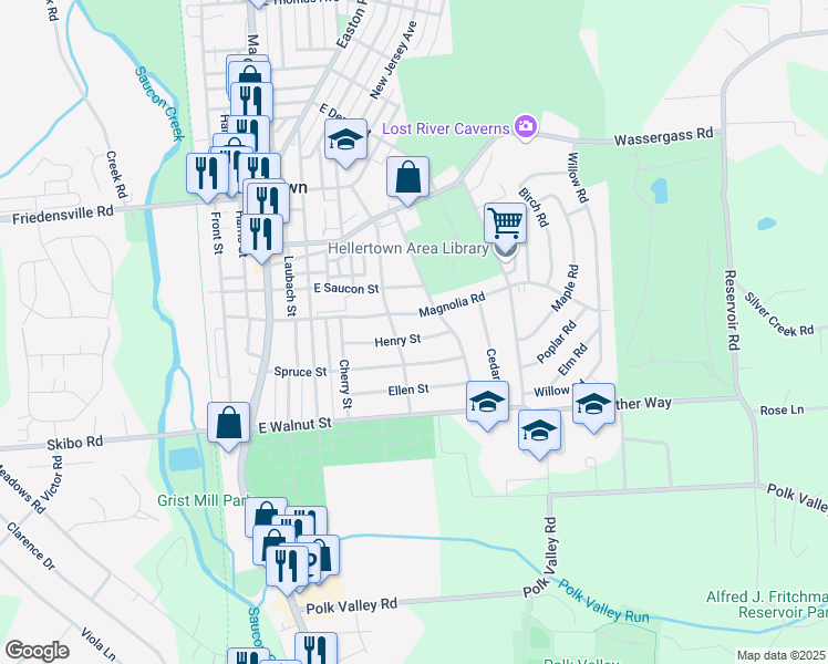 map of restaurants, bars, coffee shops, grocery stores, and more near 526 Henry Street in Hellertown