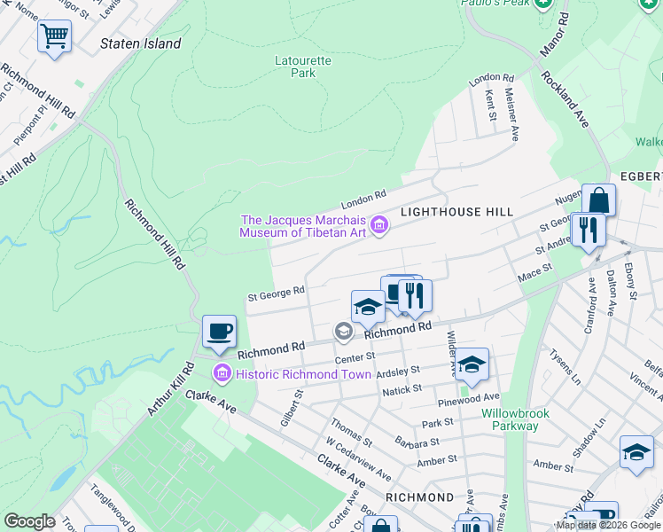 map of restaurants, bars, coffee shops, grocery stores, and more near 391 Saint George Road in Staten Island
