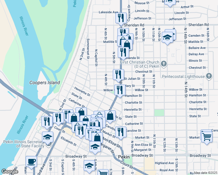 map of restaurants, bars, coffee shops, grocery stores, and more near 405 Willow Street in Pekin
