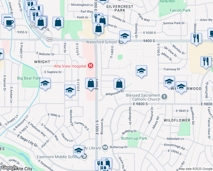 map of restaurants, bars, coffee shops, grocery stores, and more near 1367 Indian Ridge Circle in Sandy