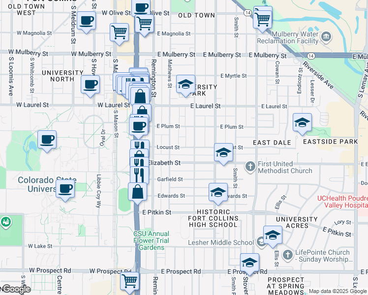 map of restaurants, bars, coffee shops, grocery stores, and more near 309 Locust Street in Fort Collins