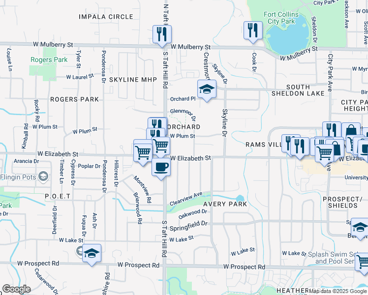 map of restaurants, bars, coffee shops, grocery stores, and more near 2008 West Elizabeth Street in Fort Collins