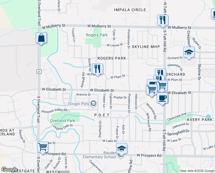 map of restaurants, bars, coffee shops, grocery stores, and more near 2510 West Elizabeth Street in Fort Collins