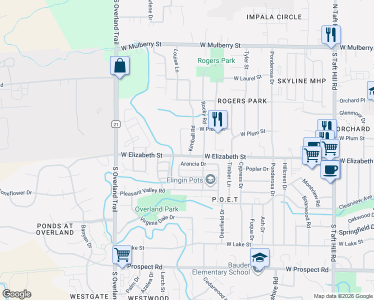 map of restaurants, bars, coffee shops, grocery stores, and more near 2740 West Elizabeth Street in Fort Collins