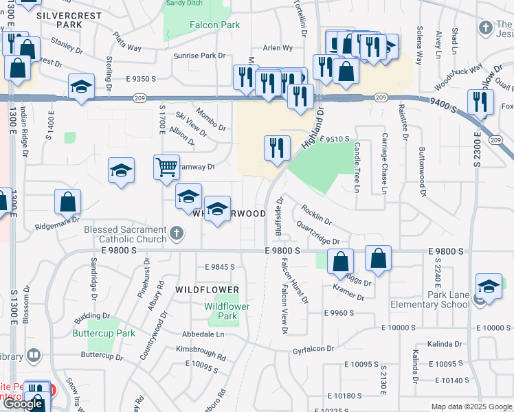 map of restaurants, bars, coffee shops, grocery stores, and more near 9700 Highland Drive in Sandy