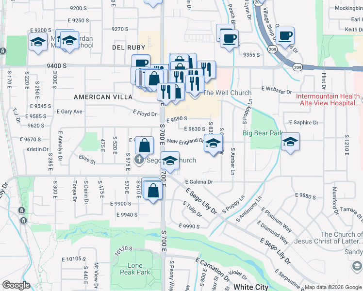 map of restaurants, bars, coffee shops, grocery stores, and more near 766 New England Drive in Sandy