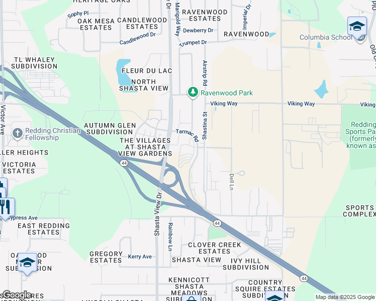 map of restaurants, bars, coffee shops, grocery stores, and more near 2125 Shasta View Drive in Redding