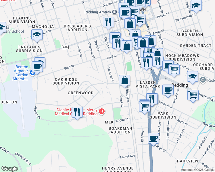 map of restaurants, bars, coffee shops, grocery stores, and more near 1905 Sonoma Street in Redding