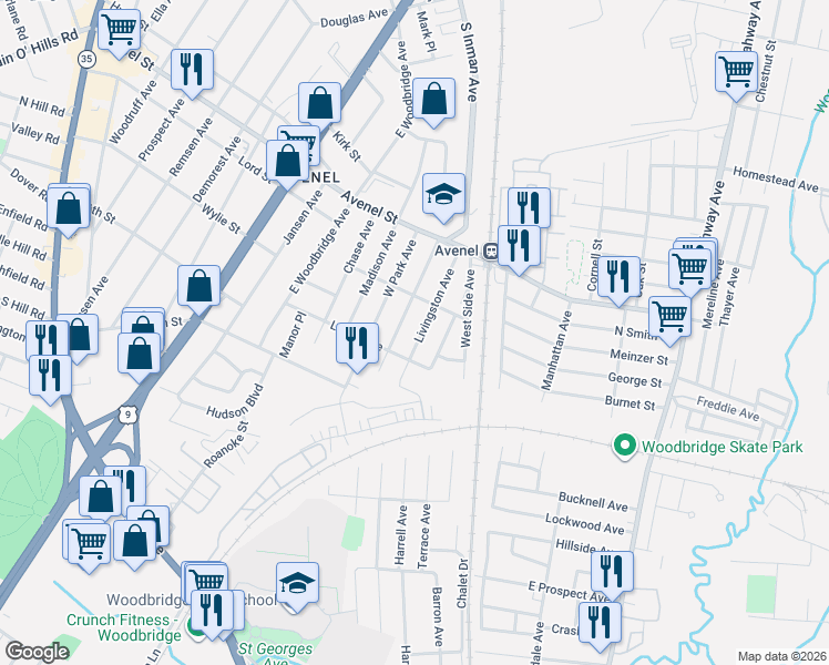 map of restaurants, bars, coffee shops, grocery stores, and more near 36 Livingston Avenue in Woodbridge Township