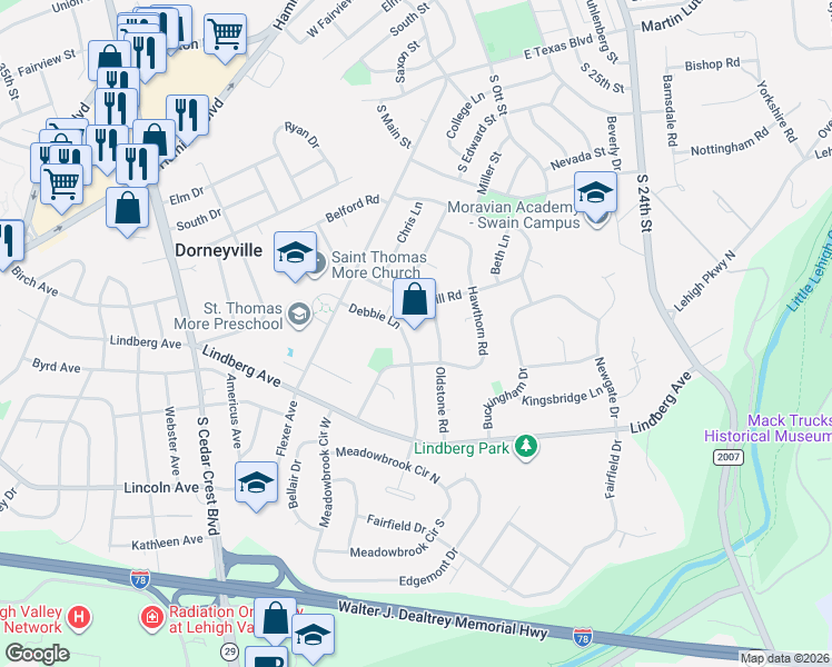 map of restaurants, bars, coffee shops, grocery stores, and more near 1049 Debbie Lane in Allentown