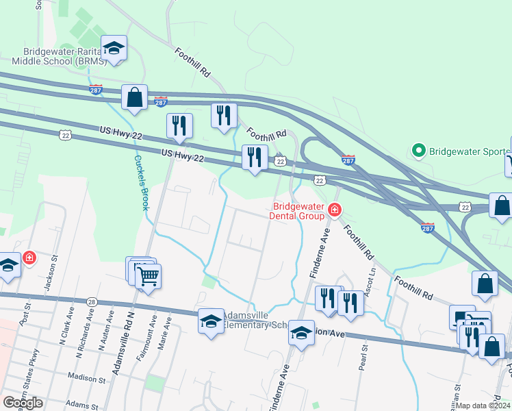 map of restaurants, bars, coffee shops, grocery stores, and more near 3 Stanford Drive in Bridgewater Township