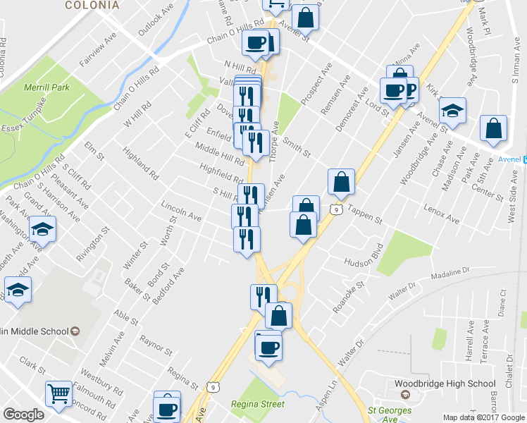 map of restaurants, bars, coffee shops, grocery stores, and more near 5 Tappen Street in Woodbridge Township