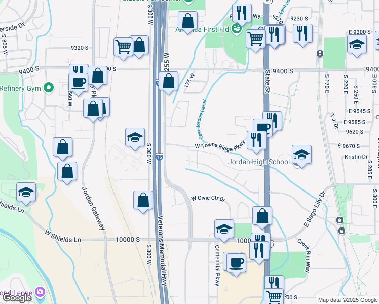 map of restaurants, bars, coffee shops, grocery stores, and more near 9706 Moonlight Drive in Sandy