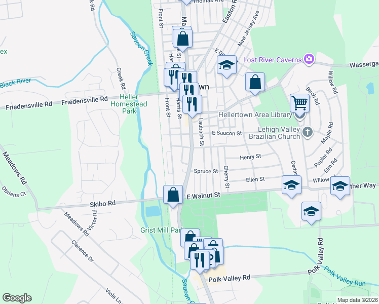 map of restaurants, bars, coffee shops, grocery stores, and more near 220 Pennsylvania 412 in Hellertown