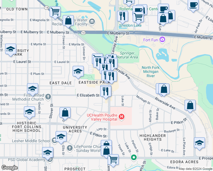 map of restaurants, bars, coffee shops, grocery stores, and more near 1075 Pennock Place in Fort Collins