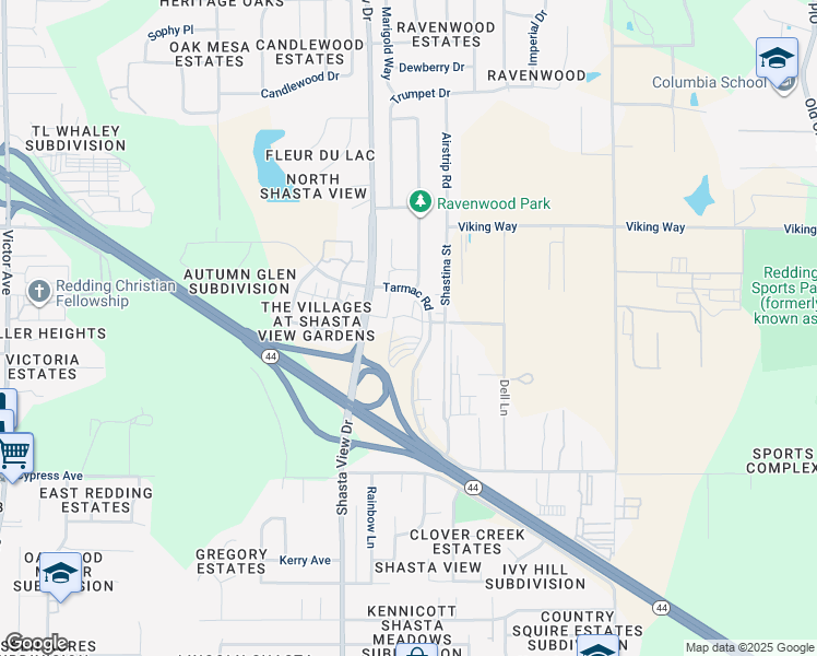 map of restaurants, bars, coffee shops, grocery stores, and more near 2175 Shasta View Drive in Redding