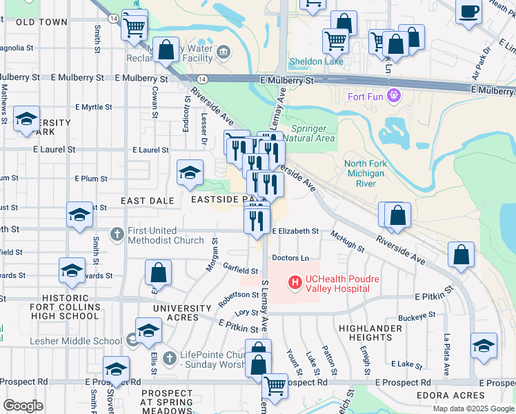 map of restaurants, bars, coffee shops, grocery stores, and more near 1075 Pennock Place in Fort Collins
