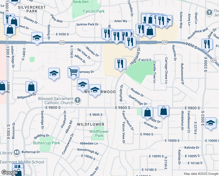 map of restaurants, bars, coffee shops, grocery stores, and more near 9678 Kalina Way in Sandy