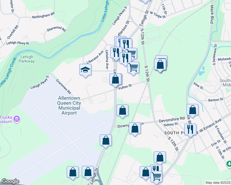 map of restaurants, bars, coffee shops, grocery stores, and more near 1927 Lehigh Street in Allentown