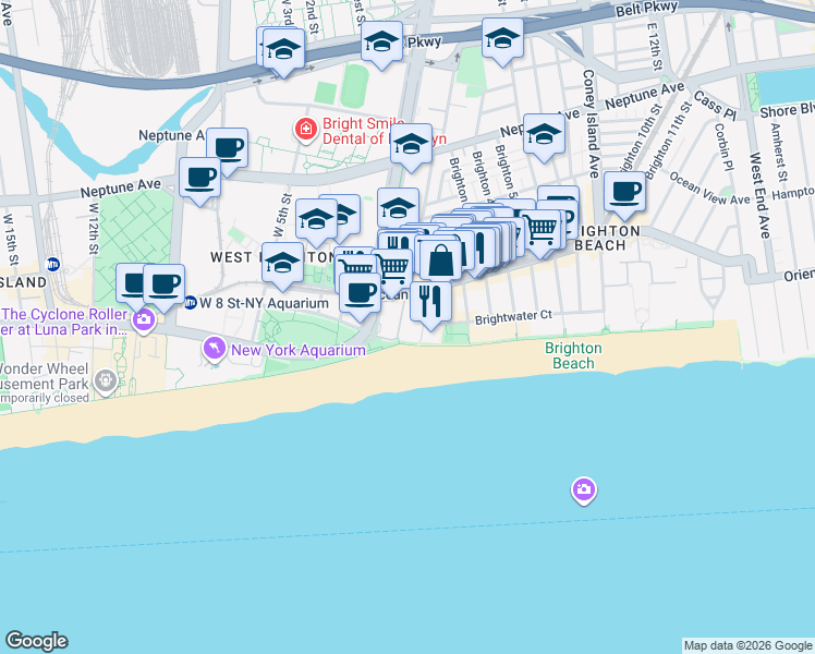 map of restaurants, bars, coffee shops, grocery stores, and more near 170 Ocean Parkway in Brooklyn