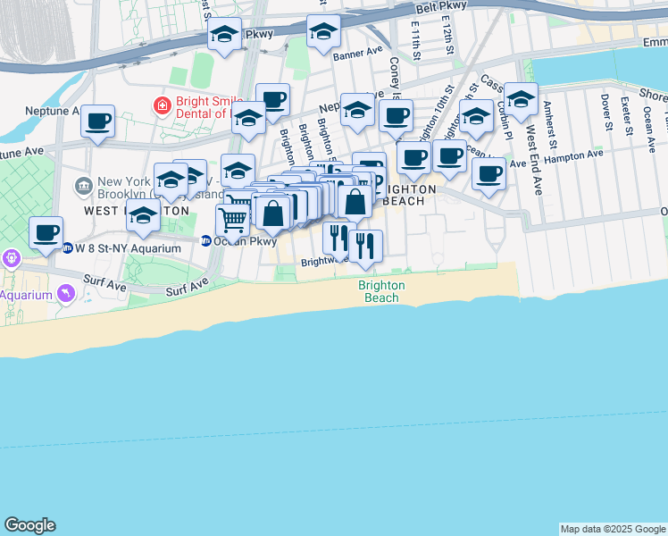 map of restaurants, bars, coffee shops, grocery stores, and more near 3145 Brighton 4th Street in Brooklyn