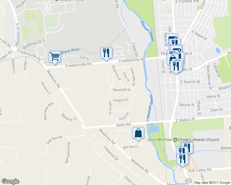 map of restaurants, bars, coffee shops, grocery stores, and more near 1826 Mansfield Street in Hellertown