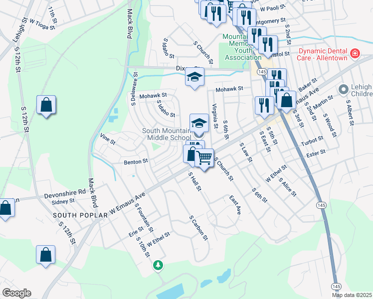 map of restaurants, bars, coffee shops, grocery stores, and more near 709 West Emaus Avenue in Allentown