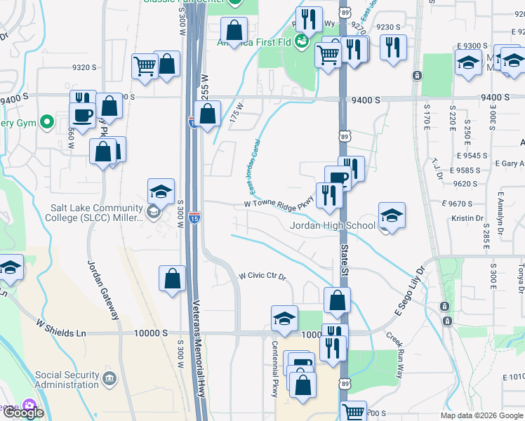 map of restaurants, bars, coffee shops, grocery stores, and more near 160 Albion Village Way in Sandy