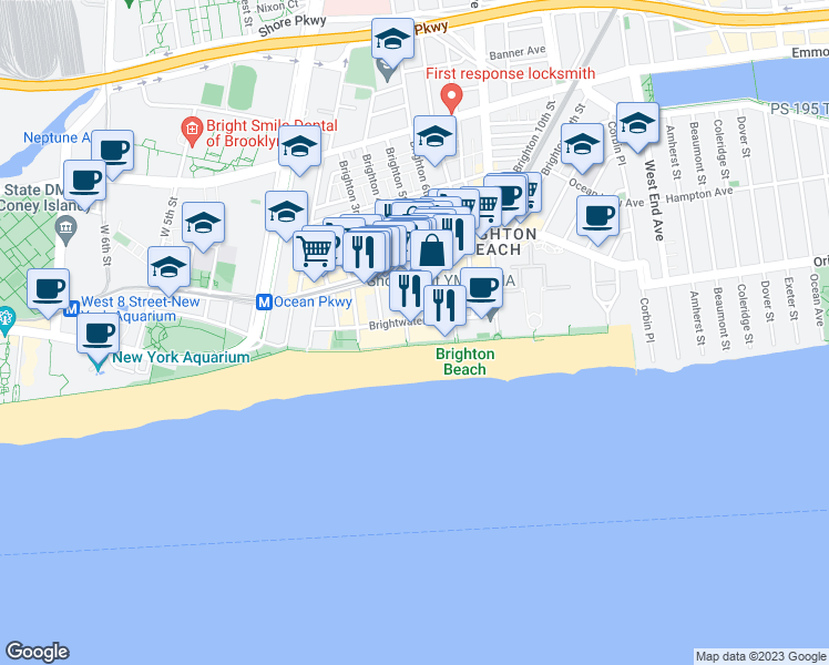 map of restaurants, bars, coffee shops, grocery stores, and more near 401 Riegelmann Boardwalk in Brooklyn