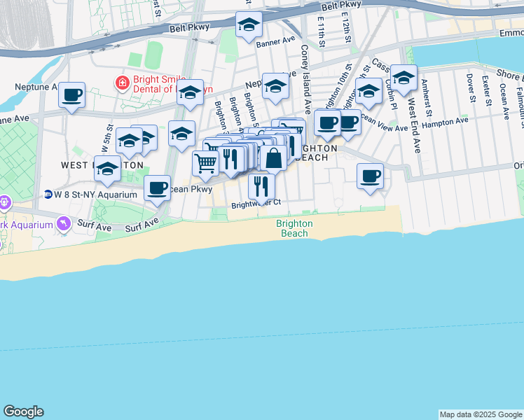 map of restaurants, bars, coffee shops, grocery stores, and more near 401 Riegelmann Boardwalk in Brooklyn