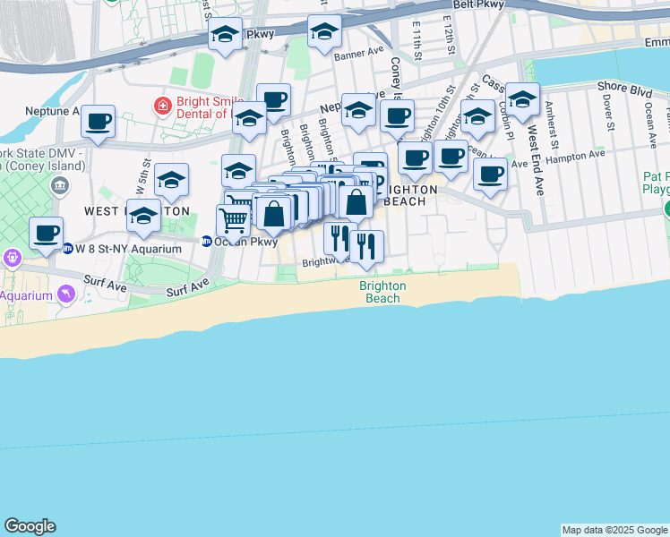 map of restaurants, bars, coffee shops, grocery stores, and more near 311 Riegelmann Boardwalk in Brooklyn