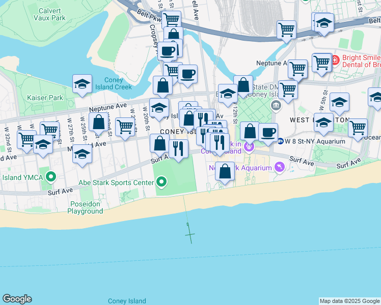 map of restaurants, bars, coffee shops, grocery stores, and more near 1520 Surf Avenue in Brooklyn