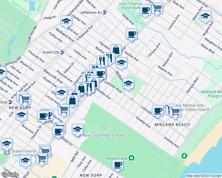 map of restaurants, bars, coffee shops, grocery stores, and more near 253 Rudyard Street in Staten Island