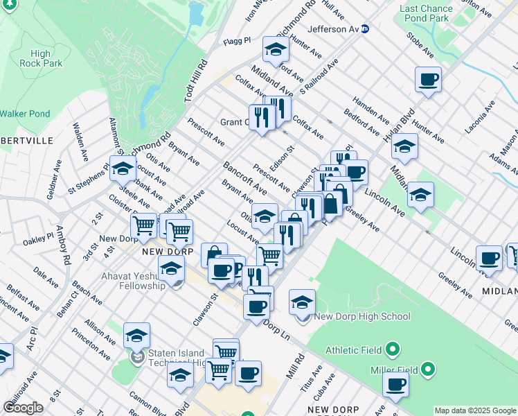 map of restaurants, bars, coffee shops, grocery stores, and more near 224 Bryant Avenue in Staten Island