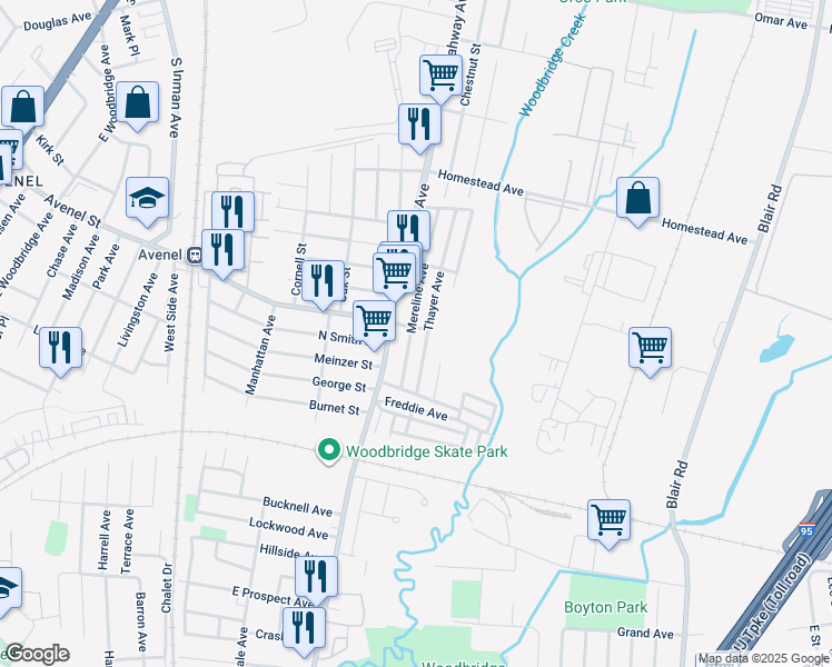 map of restaurants, bars, coffee shops, grocery stores, and more near 21 Mereline Avenue in Woodbridge Township