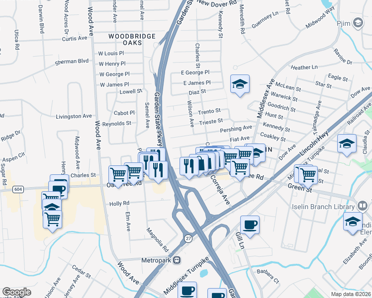 map of restaurants, bars, coffee shops, grocery stores, and more near 51 Hillcrest Avenue in Woodbridge Township