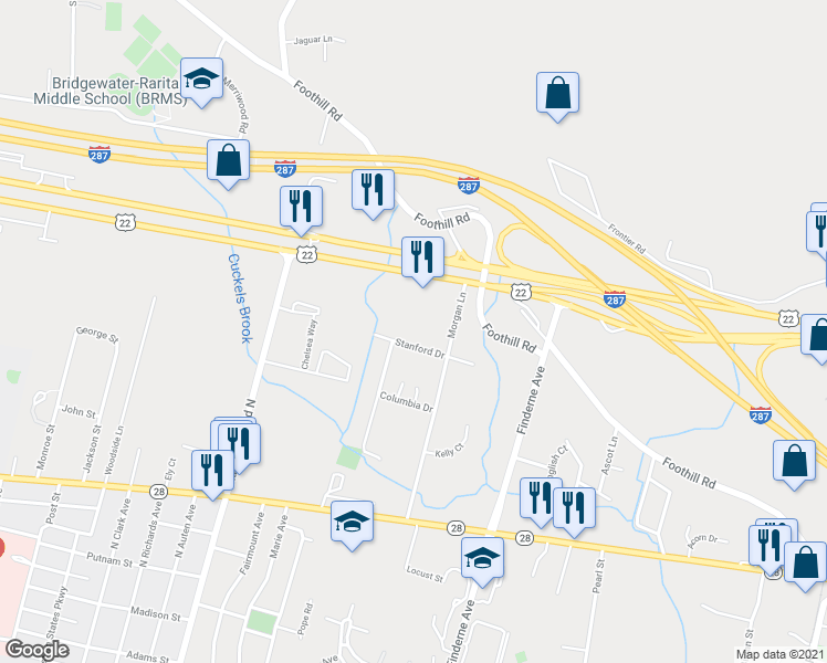 map of restaurants, bars, coffee shops, grocery stores, and more near 3 Stanford Drive in Bridgewater Township
