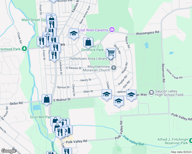 map of restaurants, bars, coffee shops, grocery stores, and more near 557 Henry Street in Hellertown