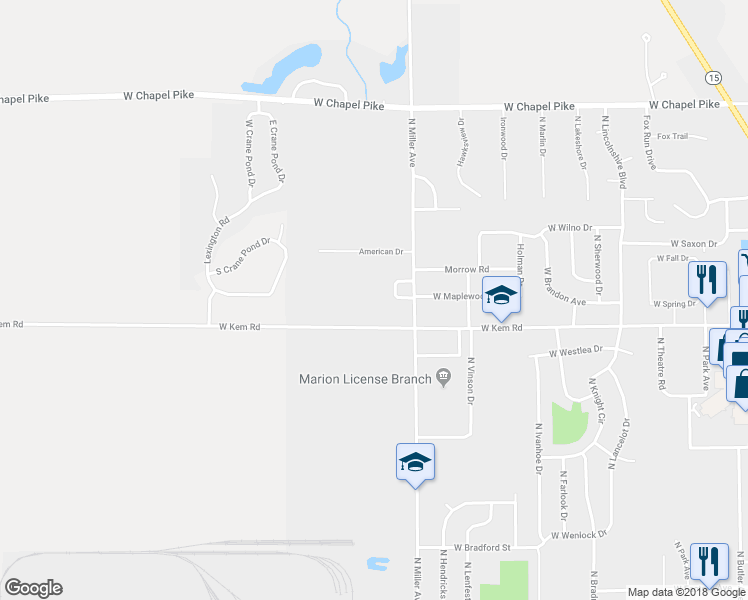 map of restaurants, bars, coffee shops, grocery stores, and more near 2452 West Kem Road in Marion