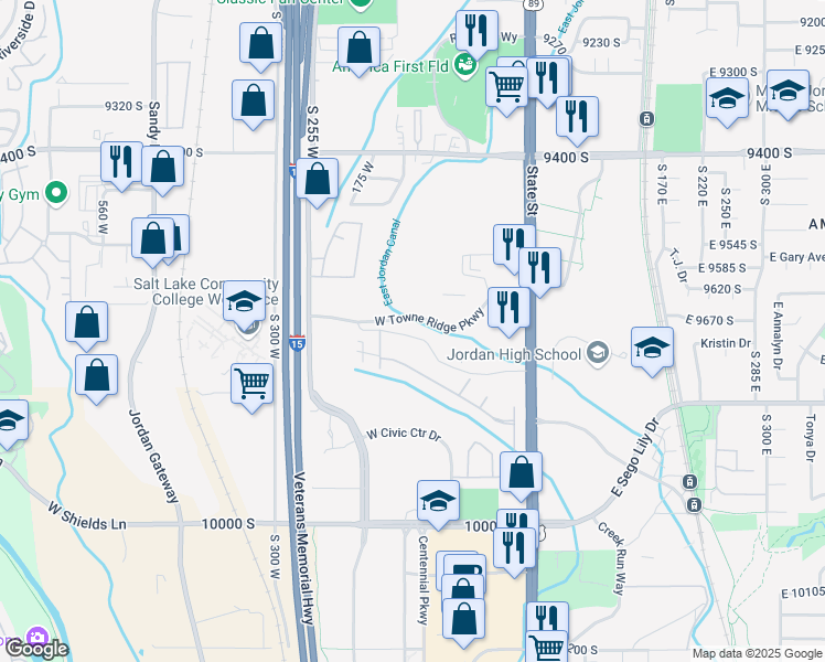 map of restaurants, bars, coffee shops, grocery stores, and more near 165 Albion Village Way in Sandy