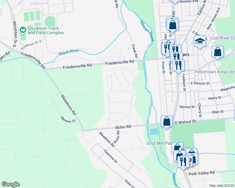 map of restaurants, bars, coffee shops, grocery stores, and more near 1838 Mansfield Street in Hellertown