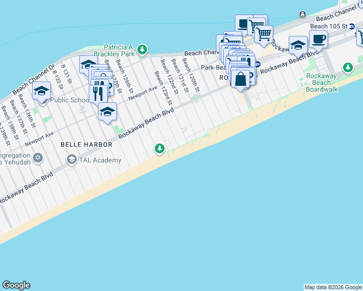 map of restaurants, bars, coffee shops, grocery stores, and more near 124-10 Ocean Promenade Belle Harbor in Queens