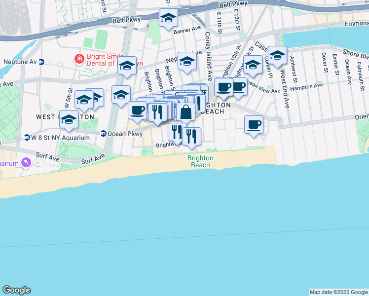 map of restaurants, bars, coffee shops, grocery stores, and more near 401 Riegelmann Boardwalk in Brooklyn