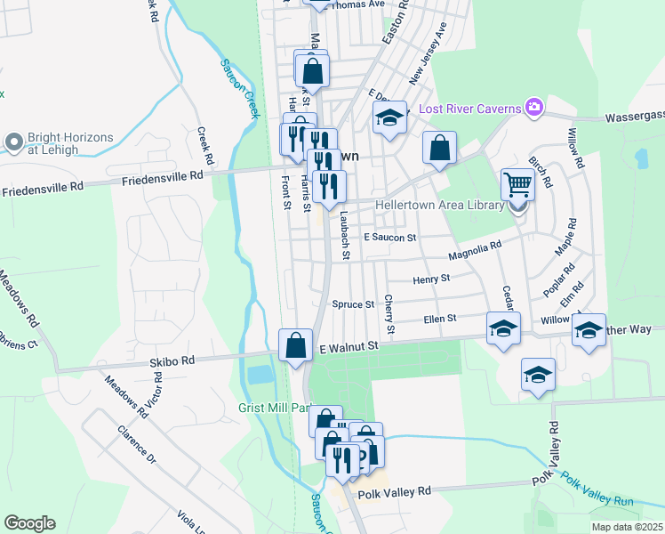 map of restaurants, bars, coffee shops, grocery stores, and more near 261 Main Street in Hellertown