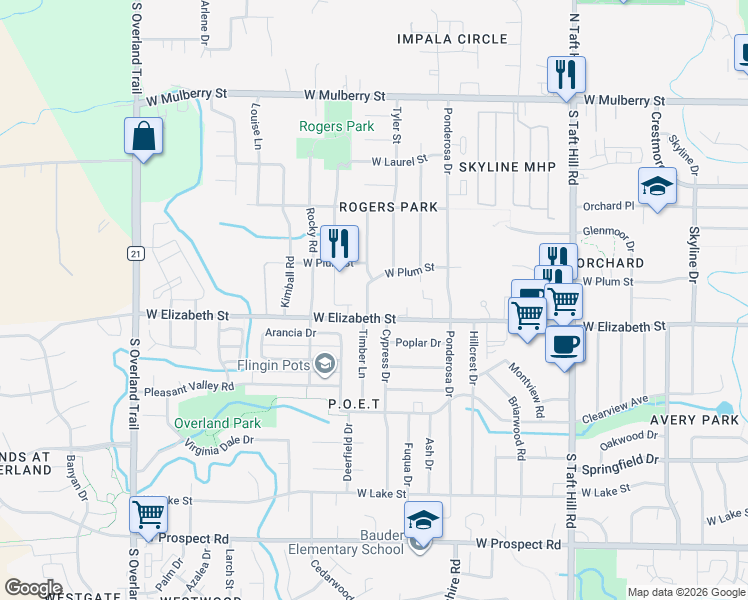 map of restaurants, bars, coffee shops, grocery stores, and more near 2510 West Elizabeth Street in Fort Collins