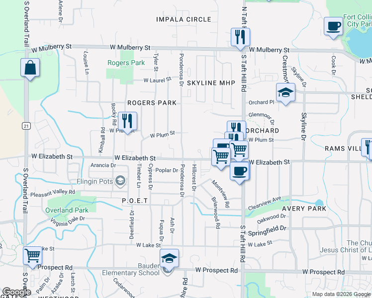 map of restaurants, bars, coffee shops, grocery stores, and more near 928 Ponderosa Drive in Fort Collins