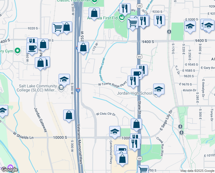 map of restaurants, bars, coffee shops, grocery stores, and more near 165 Albion Village Way in Sandy